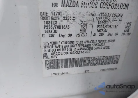 2002 Mazda Tribute Es V6/Lx V6 из США, поврежденный, VIN 4F2CU08182KM16237